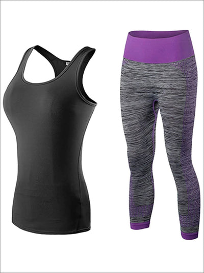 Womens Racerback Top & Marled Capri Leggings Set - Black/Purple / S - Womens Activewear