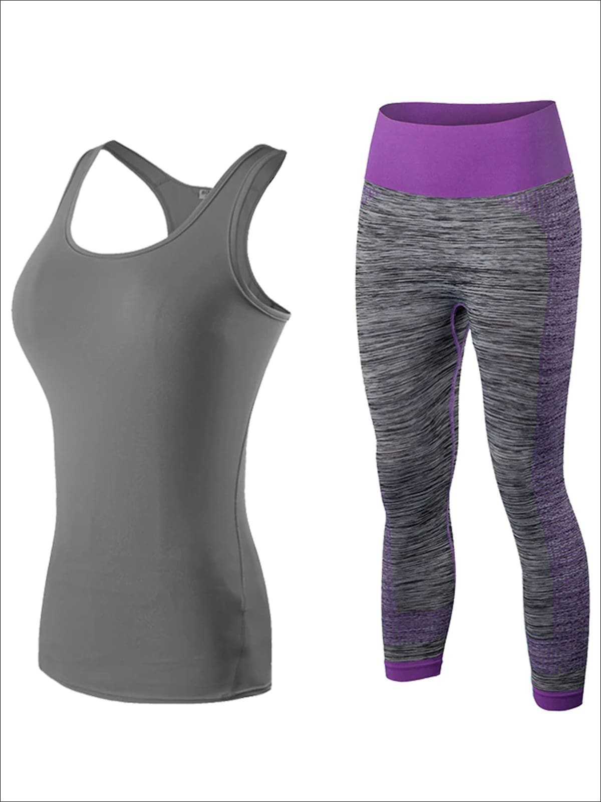 Womens Racerback Top & Marled Capri Leggings Set - Grey/Purple / S - Womens Activewear