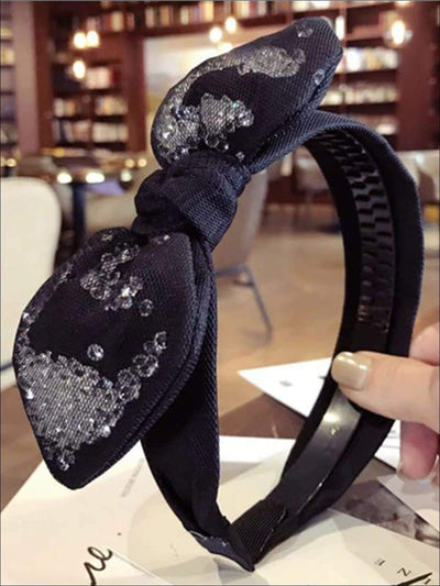 Womens Rhinestone-filled Knit Bow Headband - Black - Hair AccessoriesWomen’s Accessories | Rhinestone Knit Bow Headband - Mia Belle Girls