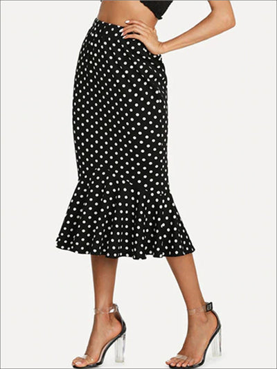 Womens Ruffled Hem Polka Dot Pencil Skirt - Black / S - Womens Bottoms