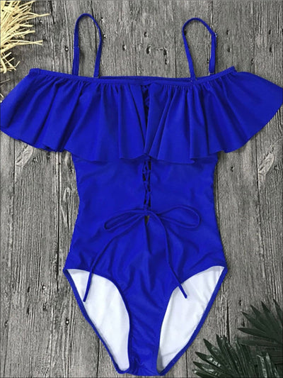Womens Ruffled Off Shoulder Lace-Down One-Piece Swimsuit - Blue / S - Womens Swimsuit