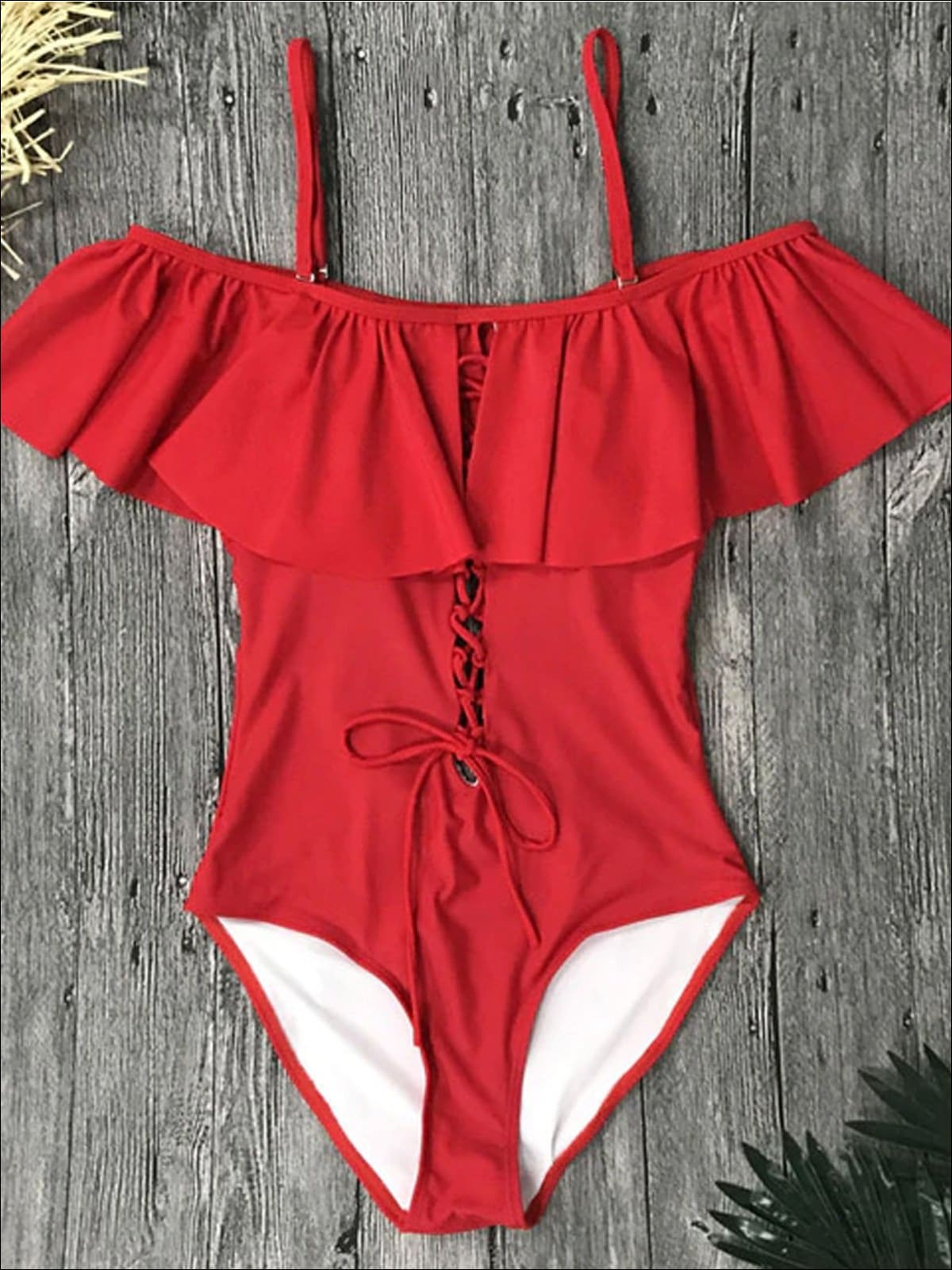 Womens Ruffled Off Shoulder Lace-Down One-Piece Swimsuit - Red / S - Womens Swimsuit
