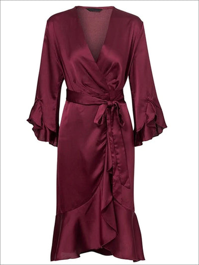 Womens Satin Flare Ruffled Sleeve Sash Wrap Dress - Burgundy / S - Womens Dresses