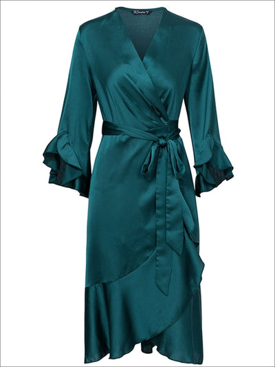 Womens Satin Flare Ruffled Sleeve Sash Wrap Dress - Green / S - Womens Dresses