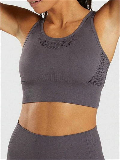 Womens Seamless Perforated Strappy Sports Bra with Matching Leggings Set - Grey / S - Womens Activewear