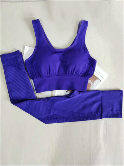 Womens Seamless Perforated Strappy Sports Bra with Matching Leggings Set - Violet / S - Womens Activewear