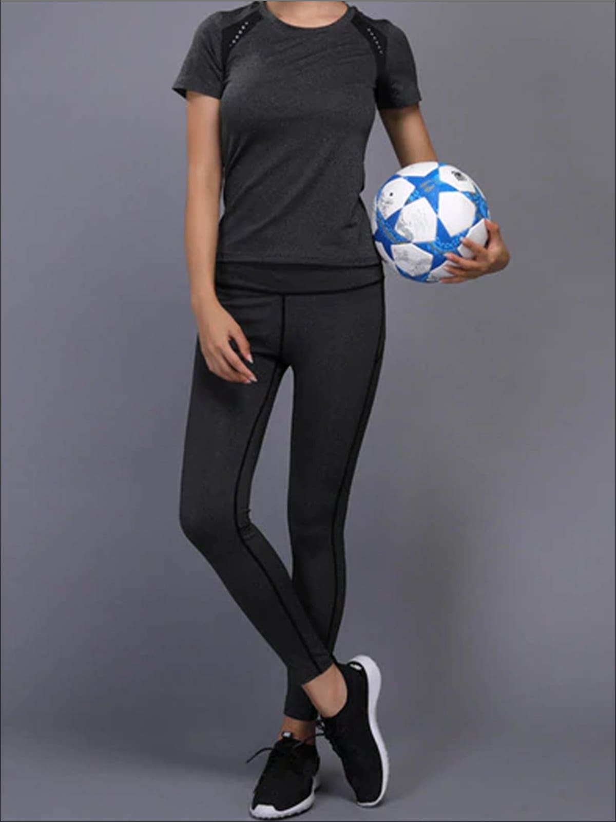 Womens Short Sleeve Workout Top & Seamless Leggings Set - Dark Grey / S - Womens Activewear