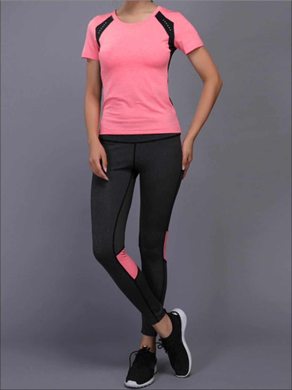 Womens Short Sleeve Workout Top & Seamless Leggings Set - Pink / S - Womens Activewear