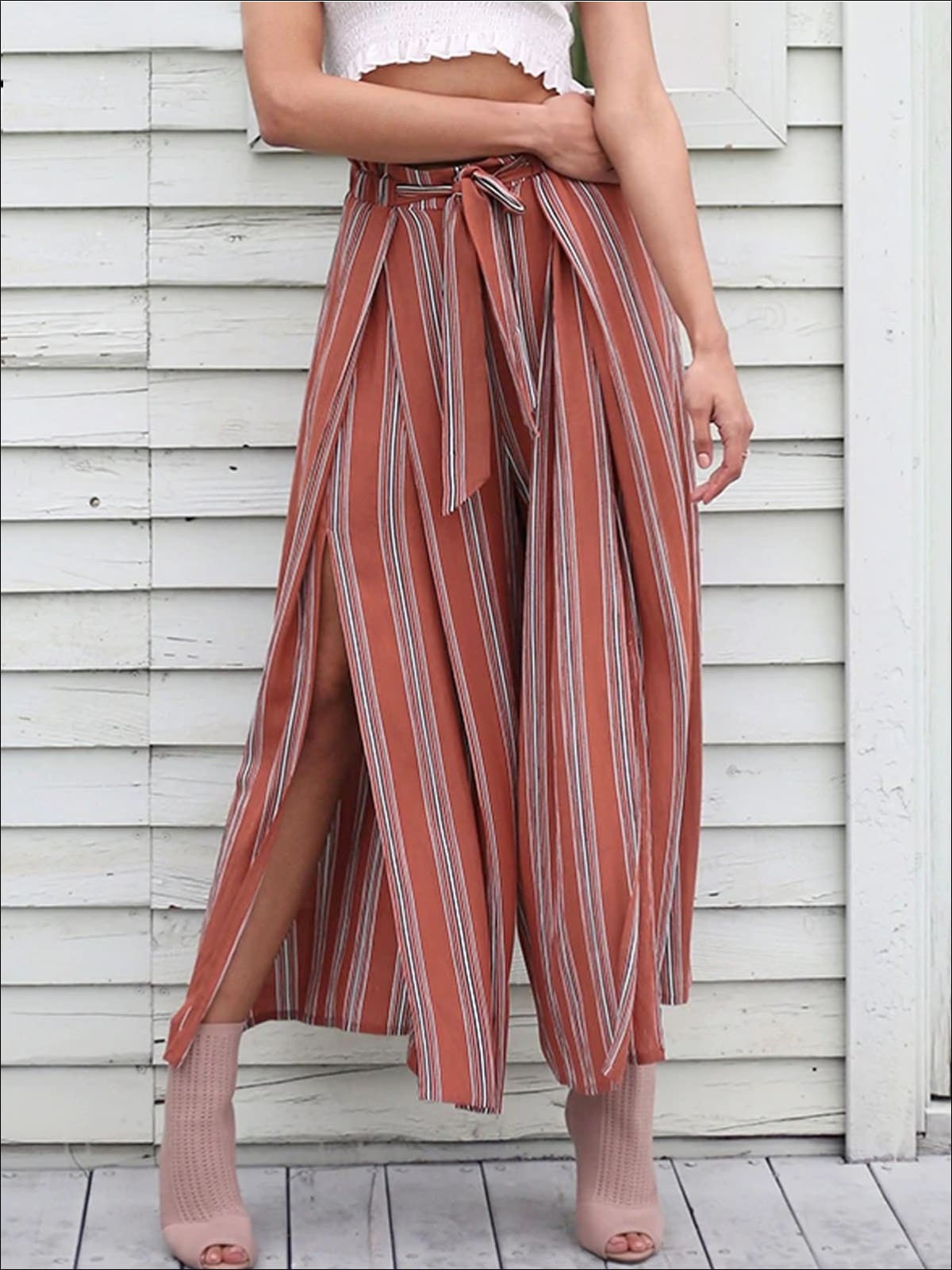 Womens Side Slit Self Tie Pleated Bohemian Loose Square Pants - Womens Bottoms