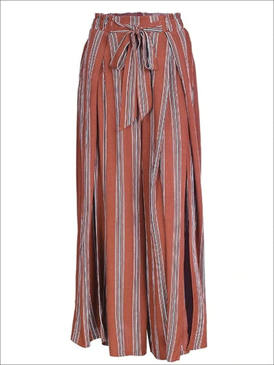 Womens Side Slit Self Tie Pleated Bohemian Loose Square Pants - Brown / S - Womens Bottoms