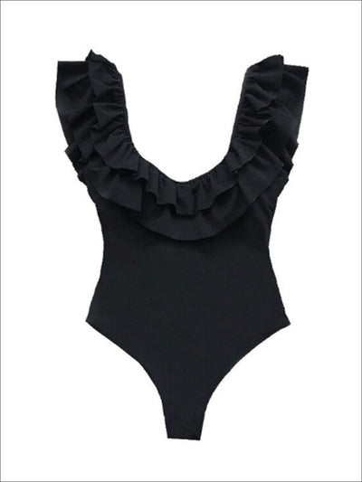 Womens Solid Double Ruffle V-Back One Piece Swimsuit - Black / S - Womens Swimsuits