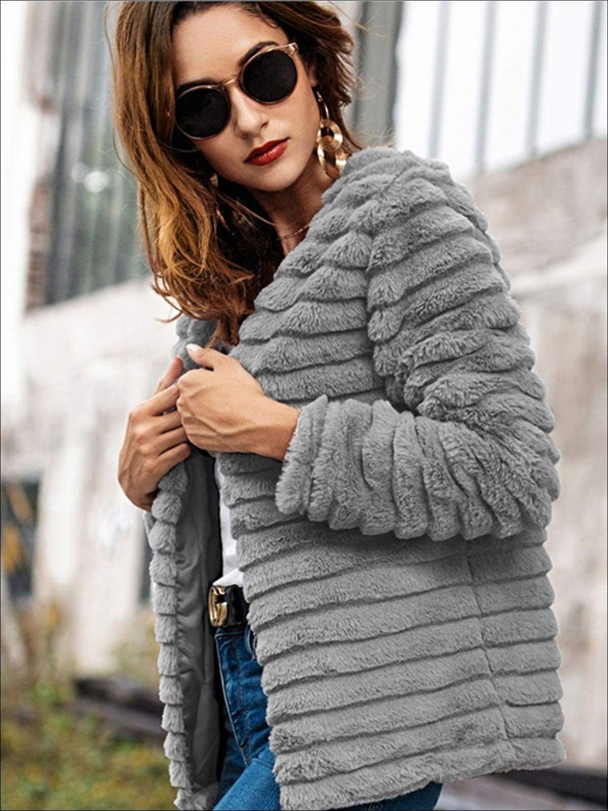 Womens Solid Grey Wrap Faux Fur Coat - Womens Fall Outerwear