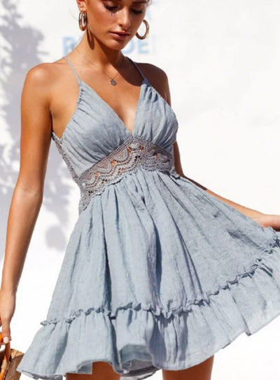 Womens Spring Crochet Ruffled Backless Dress - Blue / L - Womens Dresses