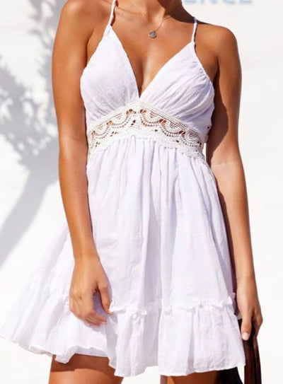 Womens Spring Crochet Ruffled Backless Dress - White / L - Womens Dresses