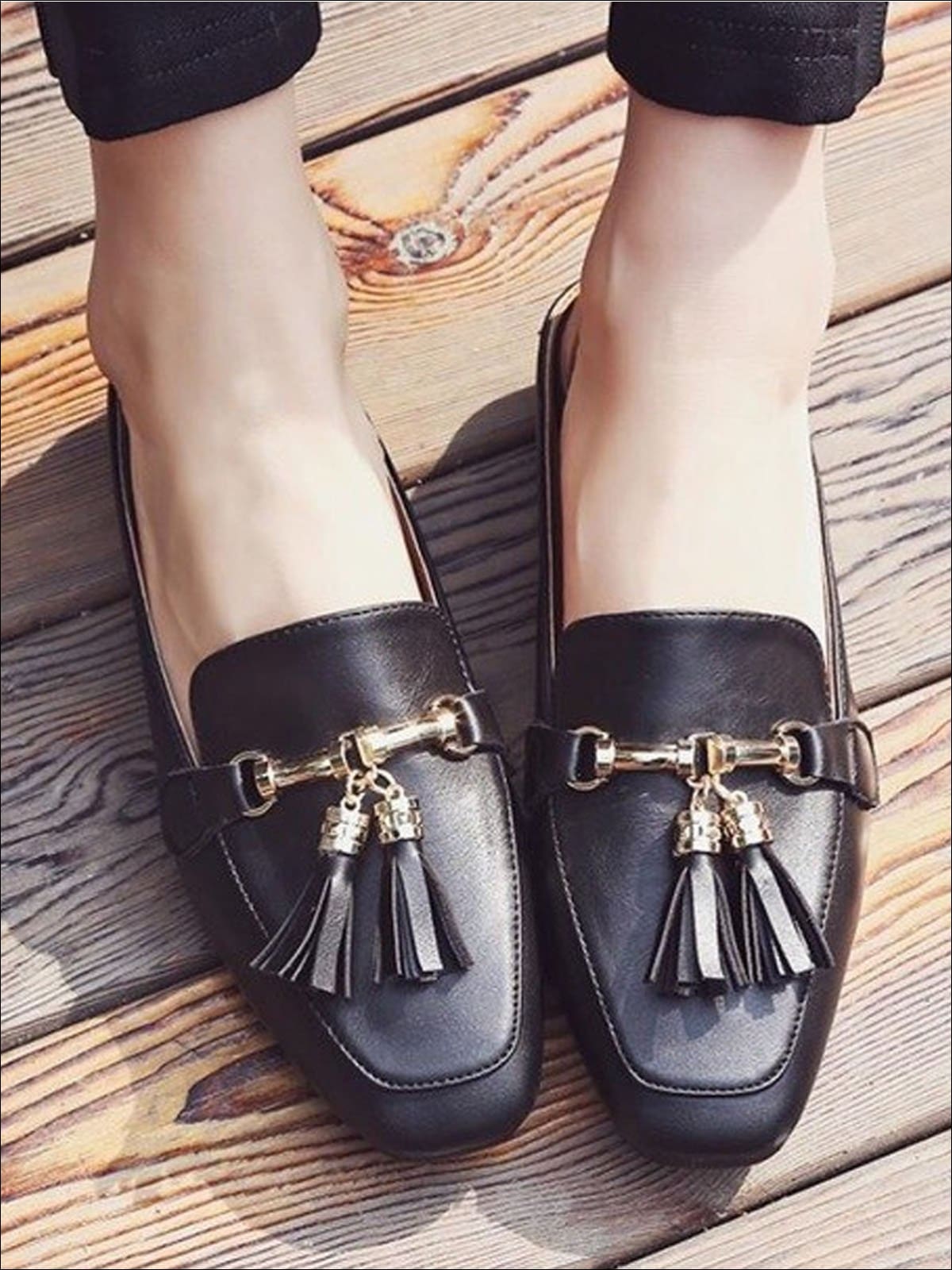 Womens Square Low Heel Metal Applique Mules Sandals - Black Tassel / 5 - Womens Shoes