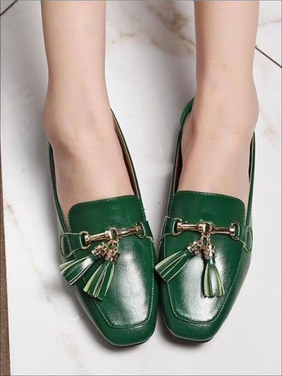 Womens Square Low Heel Metal Applique Mules Sandals - Green Tassel / 5 - Womens Shoes