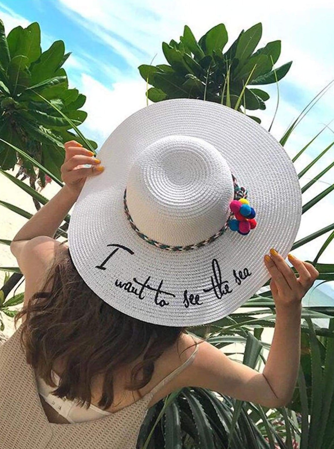 Womens Statement Embroidered Summer Hat With Pom Poms - Womens Accessories