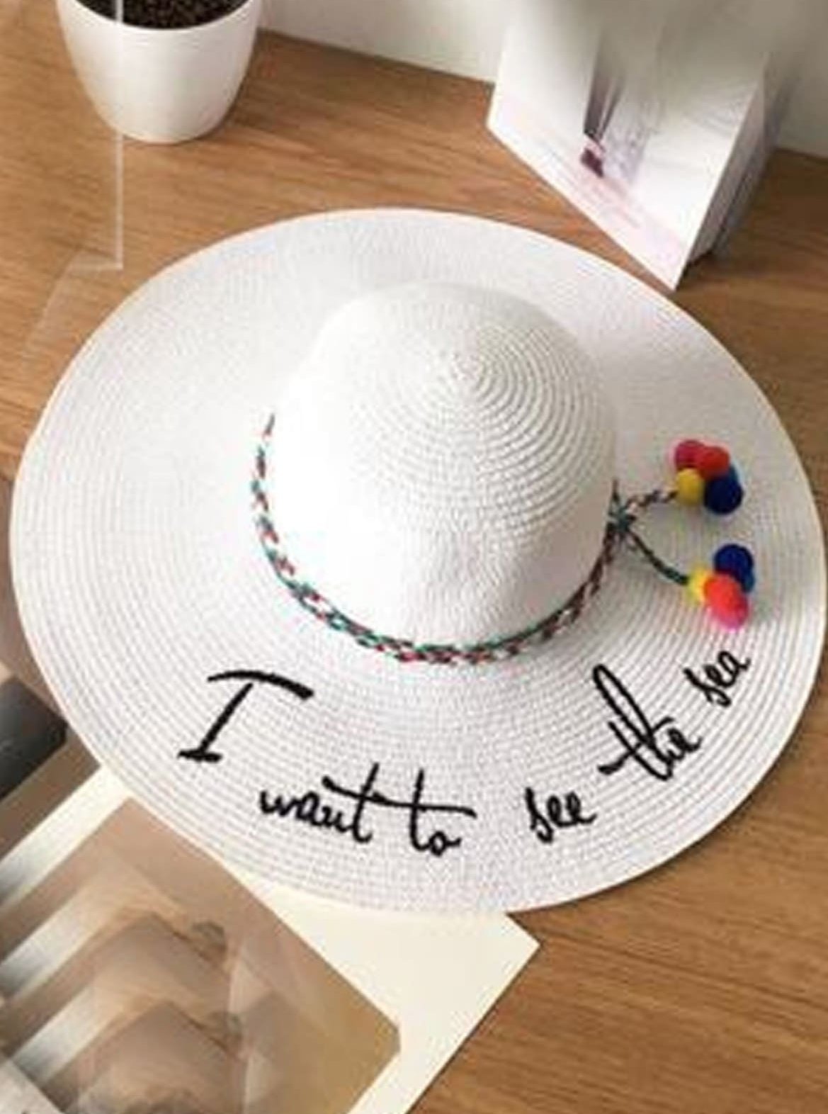 Womens Statement Embroidered Summer Hat With Pom Poms - White - Womens Accessories