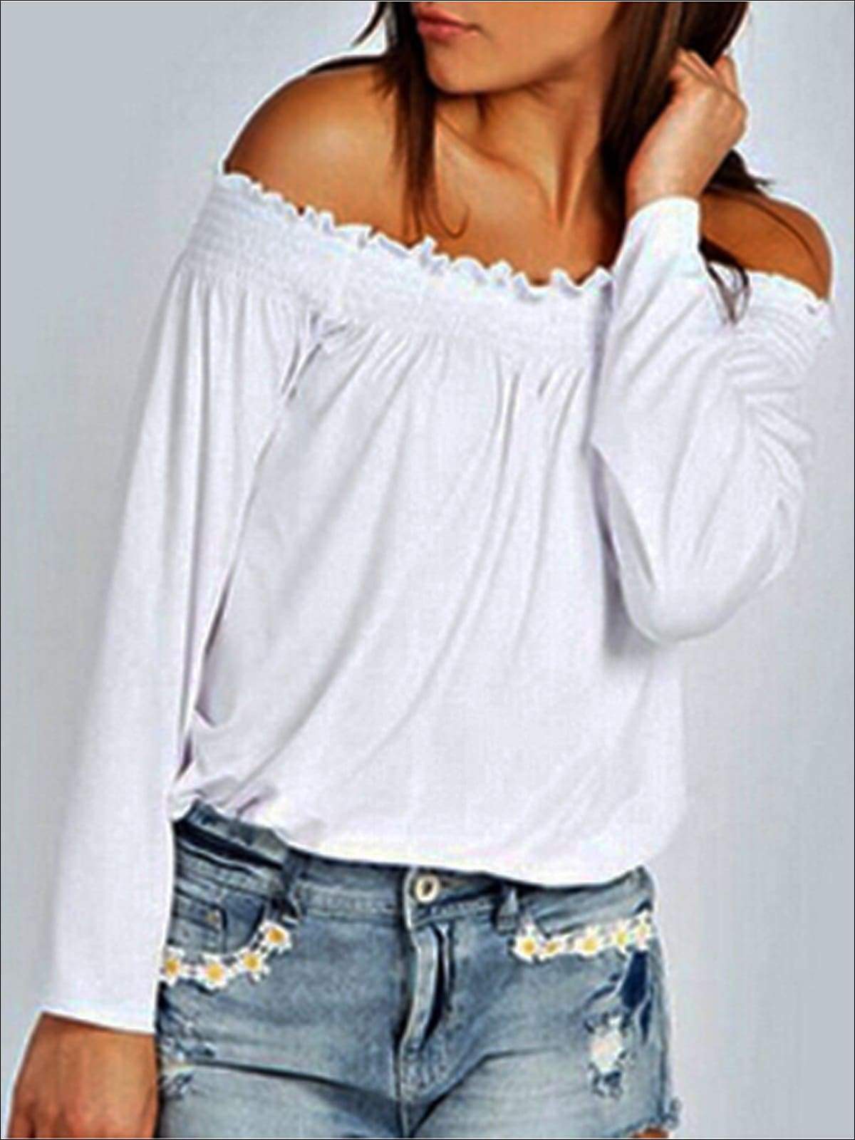 Womens Stretchy Off Shoulder Tunic - OffWhite / S - Womens Tops