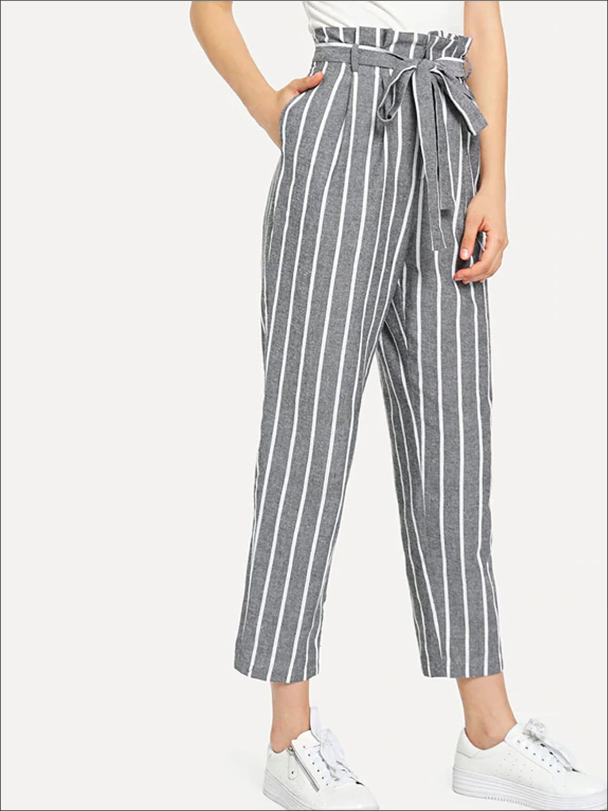 Womens Striped Belted Tapered Pants - Womens Bottoms