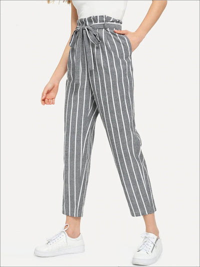 Womens Striped Belted Tapered Pants - Grey / XS - Womens Bottoms