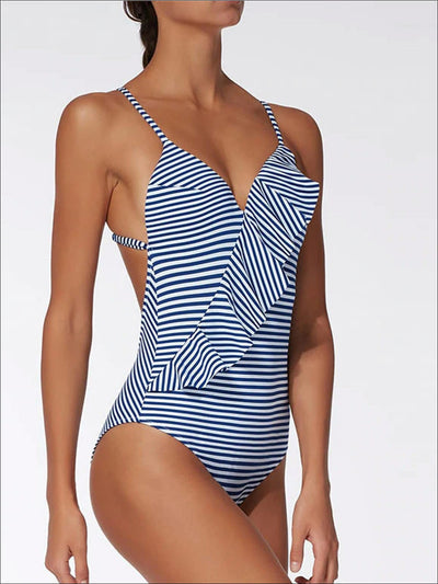 Womens Striped Cross Back Ruffled Monokini - Womens Swimsuit