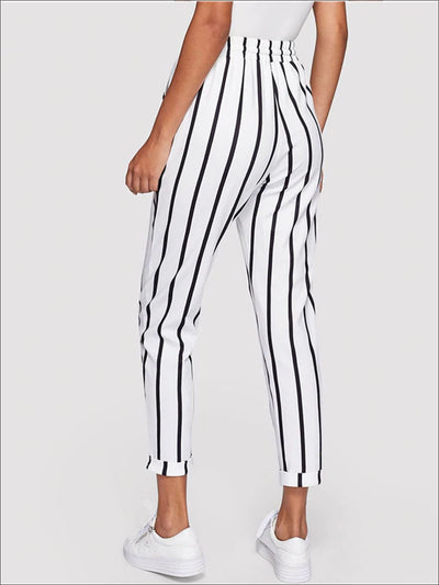 Womens Striped Drawstring Waist Tapered Pants With Folded Hem Detail - Womens Bottoms