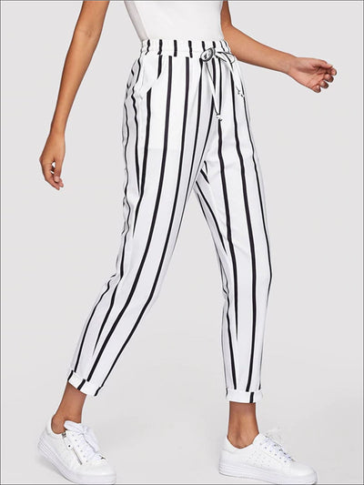 Womens Striped Drawstring Waist Tapered Pants With Folded Hem Detail - Womens Bottoms