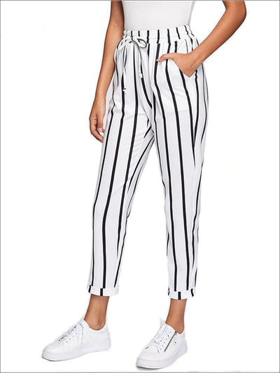 Womens Striped Drawstring Waist Tapered Pants With Folded Hem Detail - White / XS - Womens Bottoms