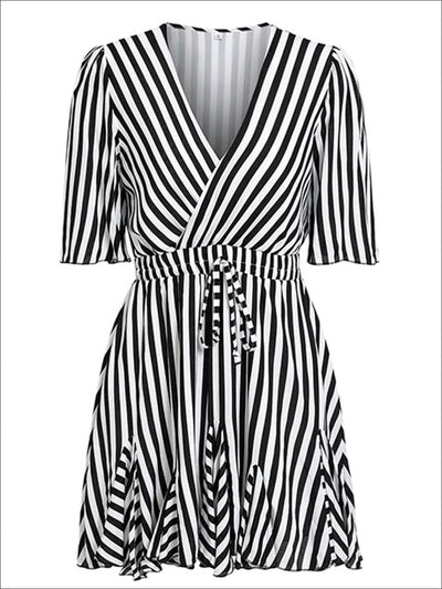 Women's Striped Faux Wrap Ruffle Detail A-Line Dress – Mia Belle Girls