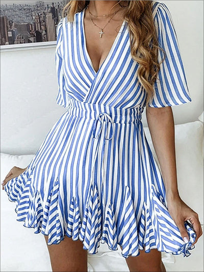 Womens Striped Faux Wrap Ruffle Detail A-Line Dress - Blue / S - Womens Dresses
