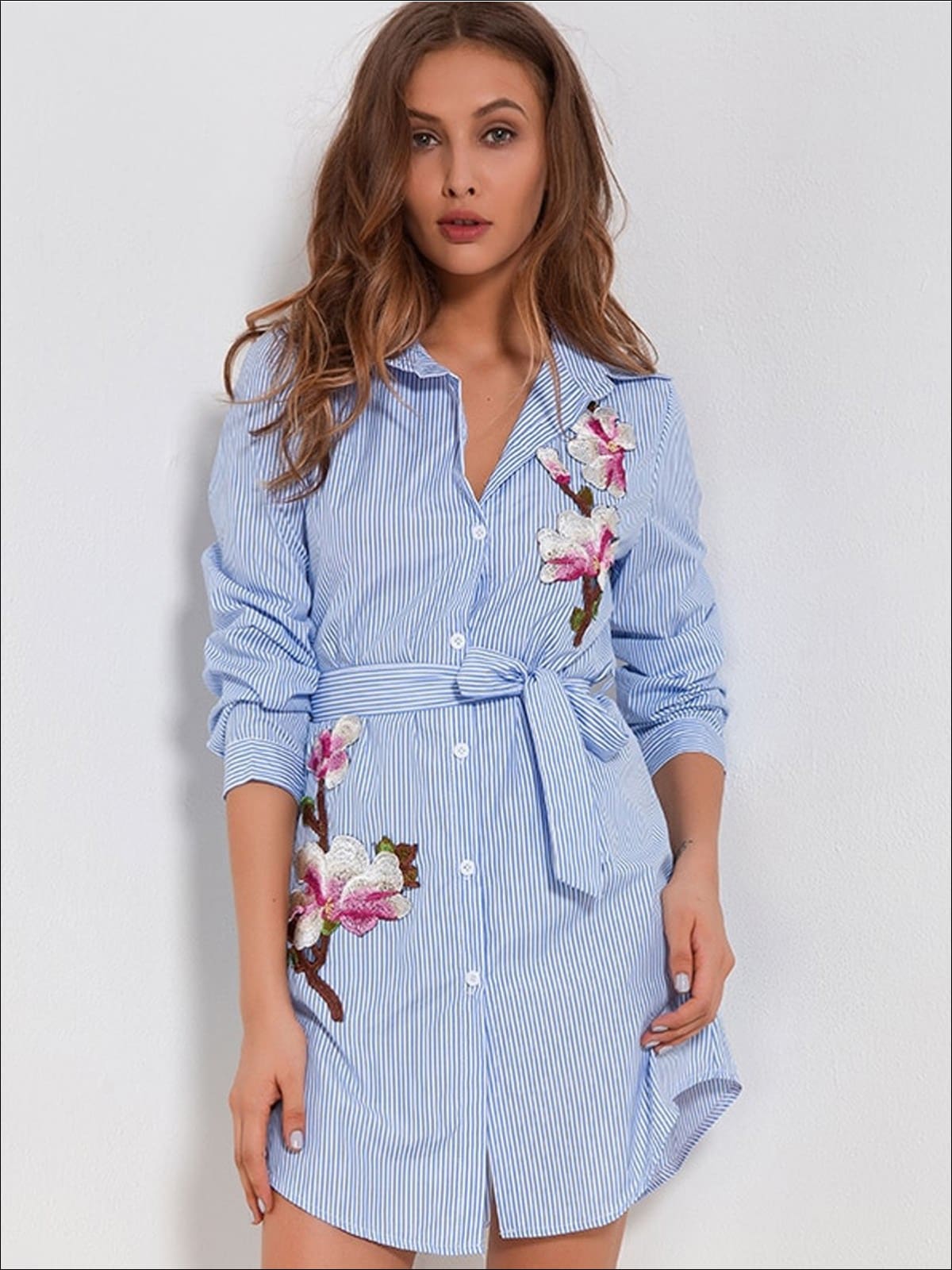 Womens Striped Floral Embroidered Belted Shirt Dress - Blue / S - Womens Dresses