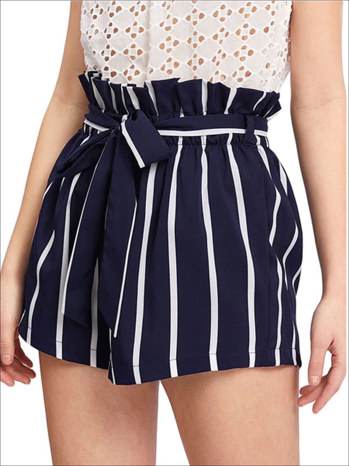 Womens Striped Frill Trim Waist Casual Belted Shorts - Navy / XS - Womens Bottoms
