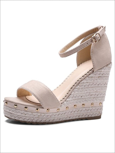 Womens Studded High Heel Ankle Strap Wedges - Beige / 4.5 - Womens Sandals