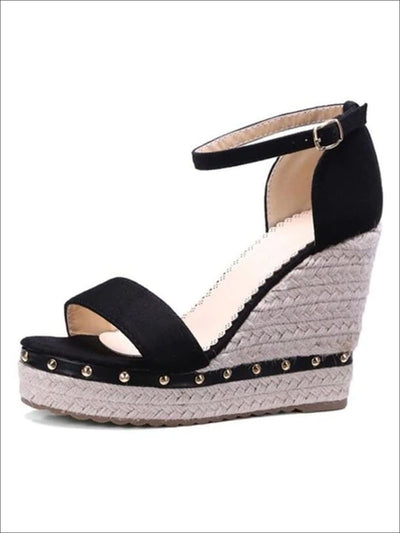 Womens Studded High Heel Ankle Strap Wedges - Black / 4.5 - Womens Sandals
