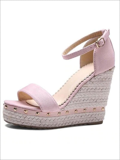 Womens Studded High Heel Ankle Strap Wedges - Pink / 4.5 - Womens Sandals