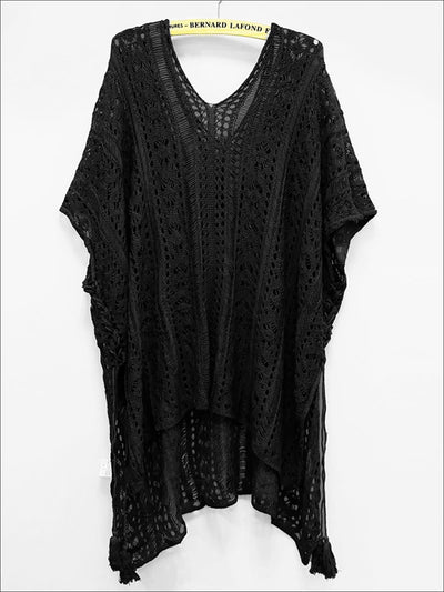 Womens Summer Knit Tassel Side Slit Beach Cover-Up - Black / One Size - Womens Swimsuit