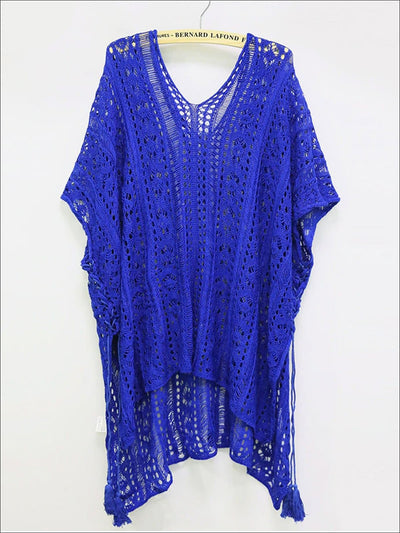 Womens Summer Knit Tassel Side Slit Beach Cover-Up - Blue / One Size - Womens Swimsuit