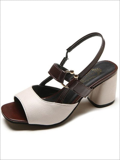 Womens Synthetic Leather Open Toe Block Heel Sandals - Beige / 4 - Womens Sandals