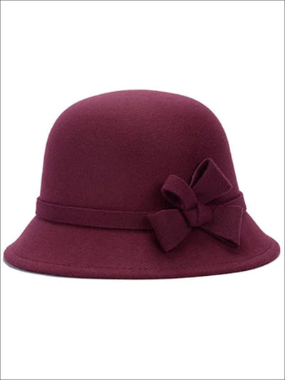 Womens Trendy Bow Tie Bowler Hat - Burgundy - Womens Hats