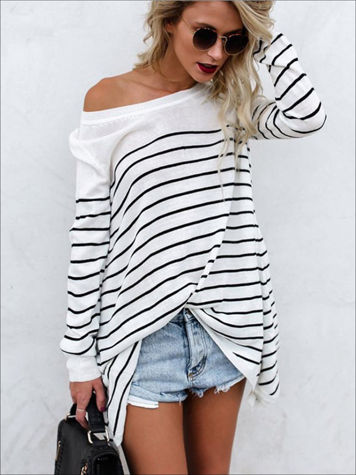 Oversized Off the Shoulder Sweater (Striped) - Mia Belle Girls