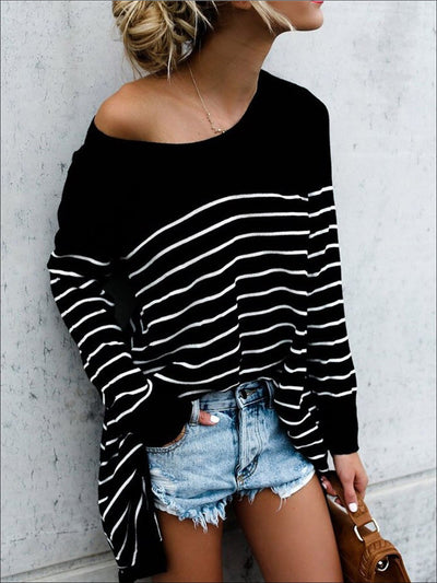 Women’s Trendy Oversized Off Shoulder Striped Sweater - Black / S - Women’s Tops