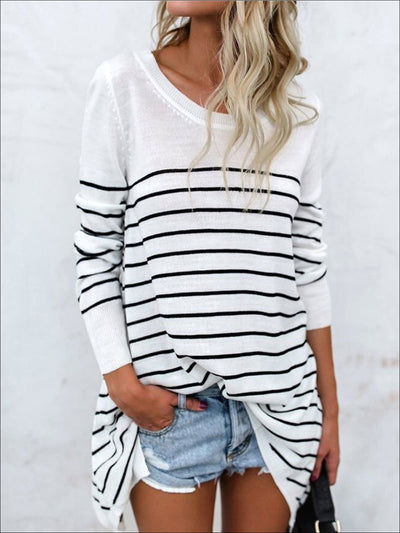 Women’s Trendy Oversized Off Shoulder Striped Sweater - White / S - Women’s Tops