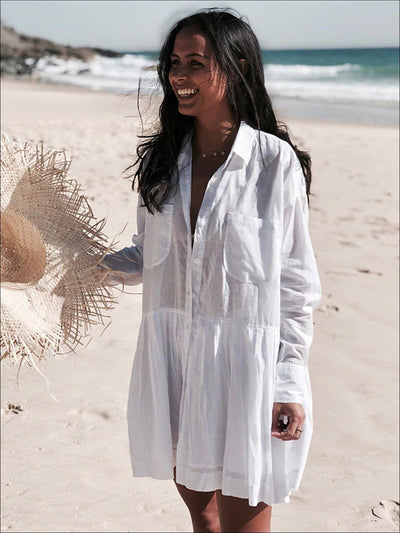 Womens Tunic Cover Up With Ruffle Detail (5 Style Options) - White With Pockets / One - Womens Swimsuit
