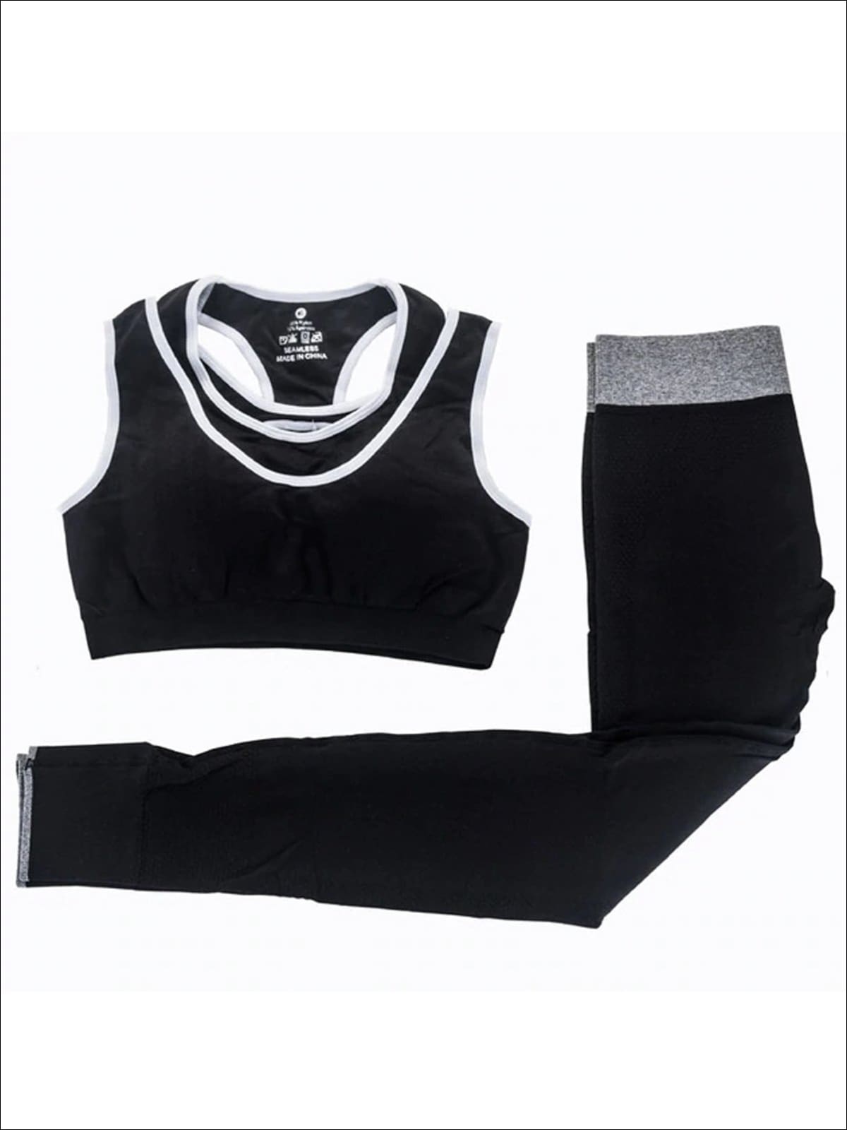 Womens Two Tone Seamless Sports Bra & Perforated Leggings Set (4 Style Options) - Black / S - Womens Activewear