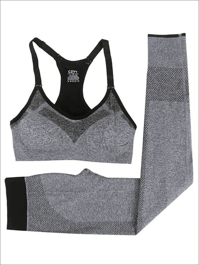 Womens Two Tone Seamless Sports Bra & Perforated Leggings Set (4 Style Options) - Grey Racerback / S - Womens Activewear