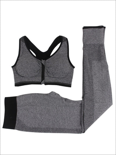 Womens Two Tone Seamless Sports Bra & Perforated Leggings Set (4 Style Options) - Grey Zip Up / S - Womens Activewear