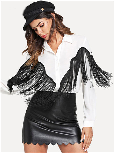 Womens Two Toned Fringe Long Sleeve Blouse - Womens Tops
