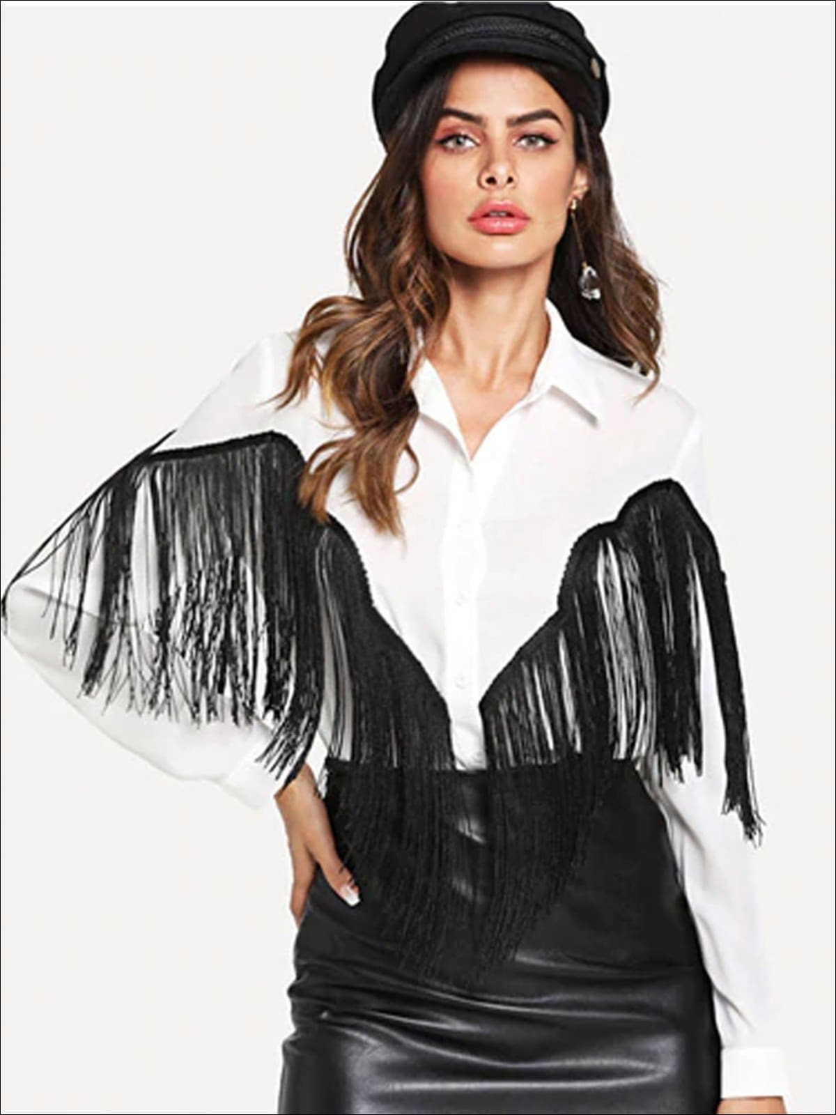 Womens Two Toned Fringe Long Sleeve Blouse - White / XS - Womens Tops