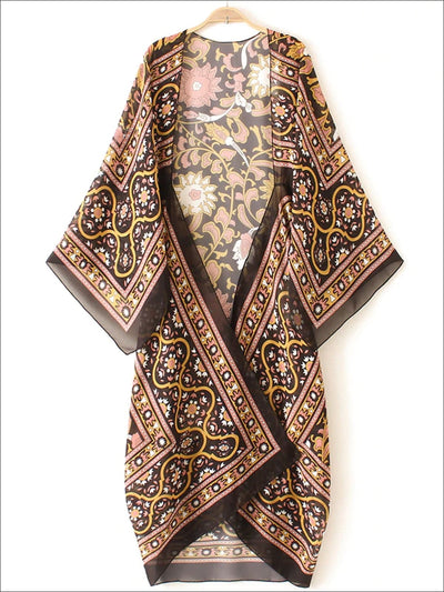 Womens Vintage Floral Chiffon Loose Kimono - Black / S - Womens Outerwear